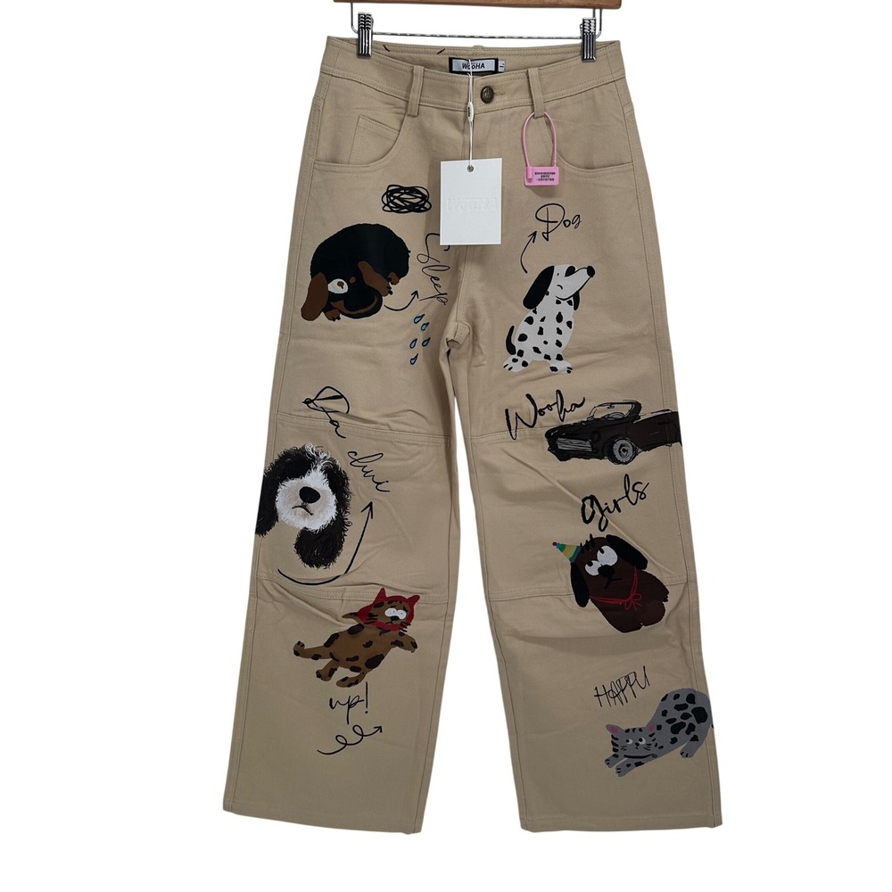 WooHA Mens Graphic Dog Print Khaki Denim Jeans Wide Leg Streetwear Size L New